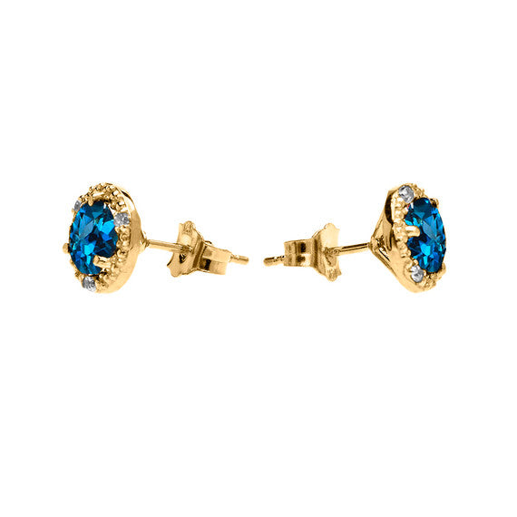 Gold Halo Stud Earrings Gold with Solitaire London Blue Topaz and Diamonds(Available in Yellow/White Gold)