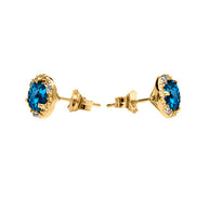 Gold Halo Stud Earrings Gold with Solitaire London Blue Topaz and Diamonds(Available in Yellow/White Gold)
