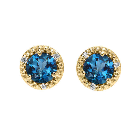 Gold Halo Stud Earrings Gold with Solitaire London Blue Topaz and Diamonds(Available in Yellow/White Gold)