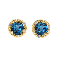 Gold Halo Stud Earrings Gold with Solitaire London Blue Topaz and Diamonds(Available in Yellow/White Gold)