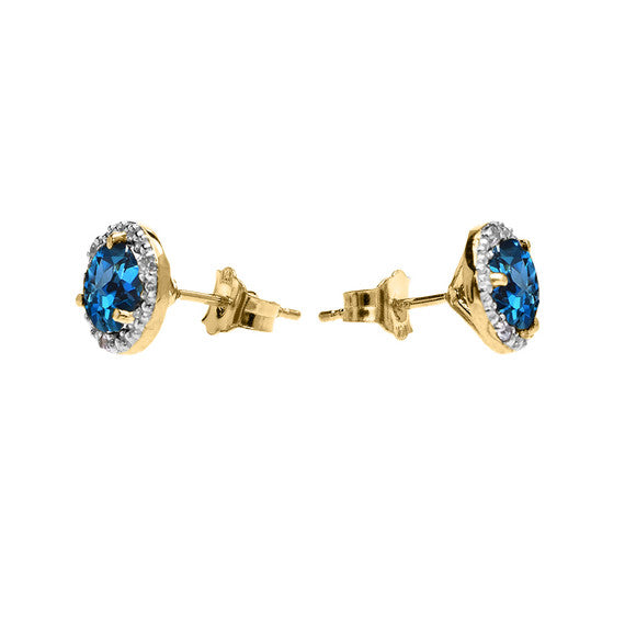 Halo Stud Earrings in Two Tone Yellow Gold with Solitaire London Blue Topaz and Diamonds