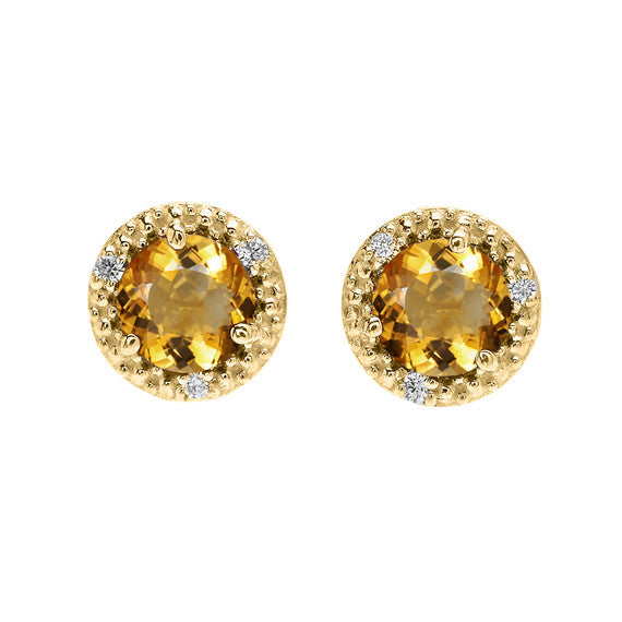 Gold Halo Stud Earrings with Solitaire Citrine and Diamonds(Available in Yellow/White Gold)