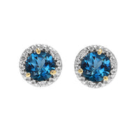 Halo Stud Earrings in Two Tone Yellow Gold with Solitaire London Blue Topaz and Diamonds