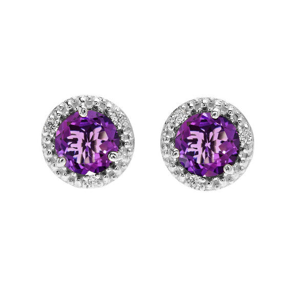 Gold Halo Stud Earrings with Solitaire Amethyst and Diamonds(Available in Yellow/Rose/White Gold)