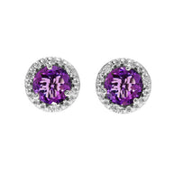 Gold Halo Stud Earrings with Solitaire Amethyst and Diamonds(Available in Yellow/Rose/White Gold)