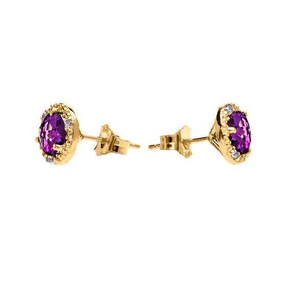 Gold Halo Stud Earrings with Solitaire Amethyst and Diamonds(Available in Yellow/Rose/White Gold)