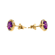 Gold Halo Stud Earrings with Solitaire Amethyst and Diamonds(Available in Yellow/Rose/White Gold)