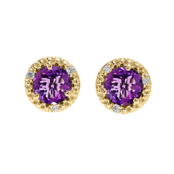 Gold Halo Stud Earrings with Solitaire Amethyst and Diamonds(Available in Yellow/Rose/White Gold)