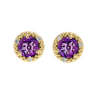 Gold Halo Stud Earrings with Solitaire Amethyst and Diamonds(Available in Yellow/Rose/White Gold)