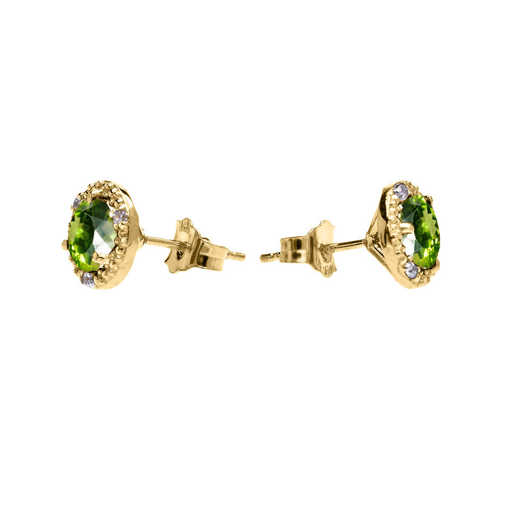 14K Gold Halo Stud Earrings with Solitaire Peridot and Diamonds(Available in Yellow/White Gold)