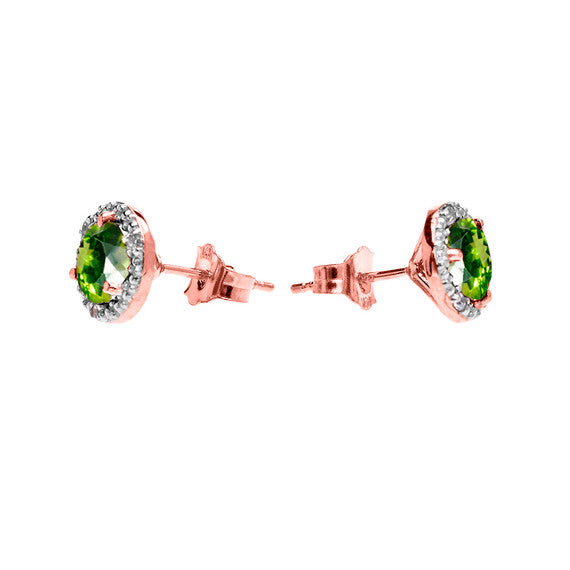 Halo Stud Earrings in Two Tone Rose Gold with Solitaire Peridot and Diamonds