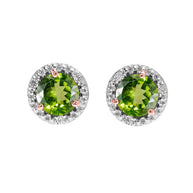 Halo Stud Earrings in Two Tone Rose Gold with Solitaire Peridot and Diamonds