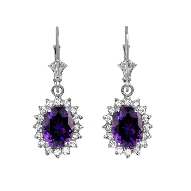 14K White Gold Amethyst Birthstone Diamond Halo Drop Dangle Earrings