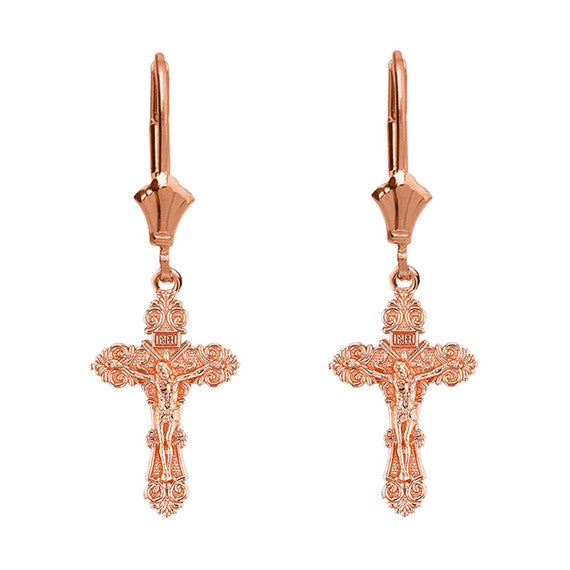 14K Dainty Floral Crucifix Earrings(Available in Yellow/Rose/White Gold)