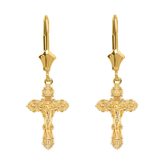 14K Dainty Floral Crucifix Earrings(Available in Yellow/Rose/White Gold)
