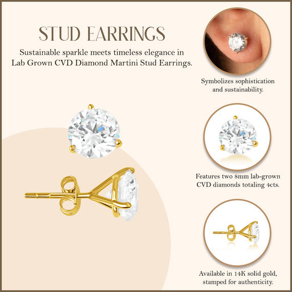 14K Yellow Gold Lab Grown Diamond Martini Stud Earrings 4ct