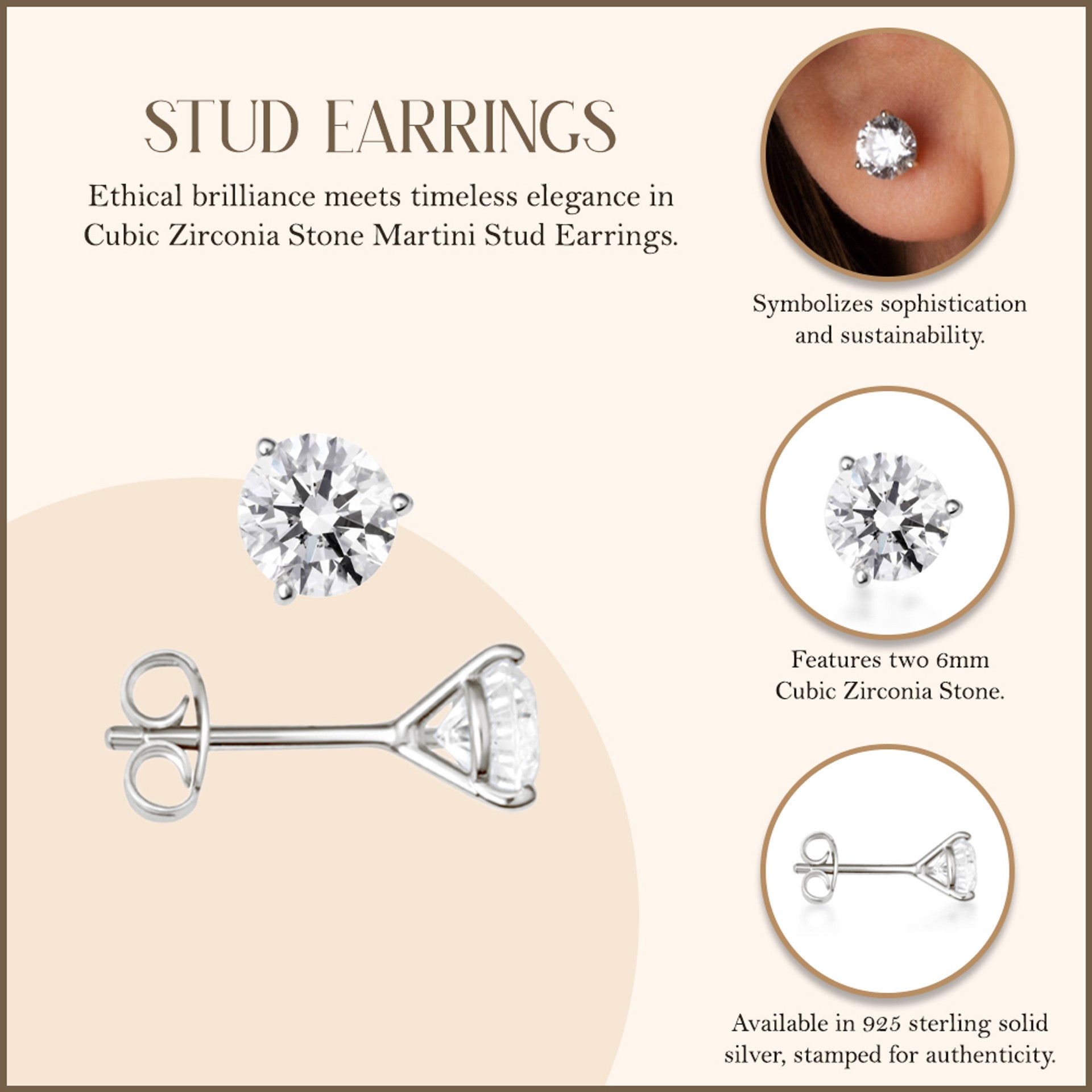 Silver 6mm Cubic Zirconia Martini Stud Earrings