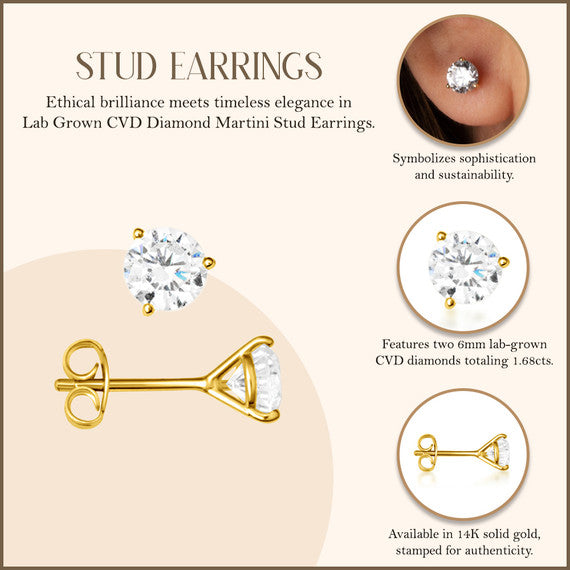 14K Yellow Gold Lab Grown Diamond Martini Stud Earrings 1.68ct