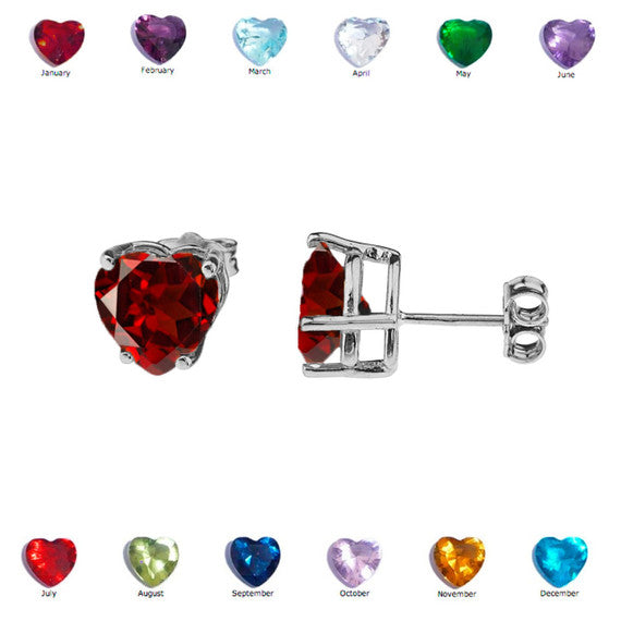 White Gold Heart-Shaped Personalized Birthstone Earrings