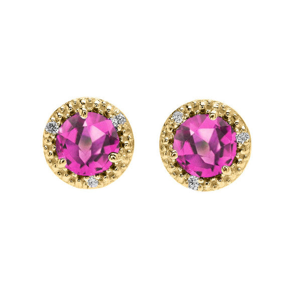 Gold Personalized Lab Created Birthstone Diamond Halo Stud Earrings (Available in Yellow/Rose/White Gold)