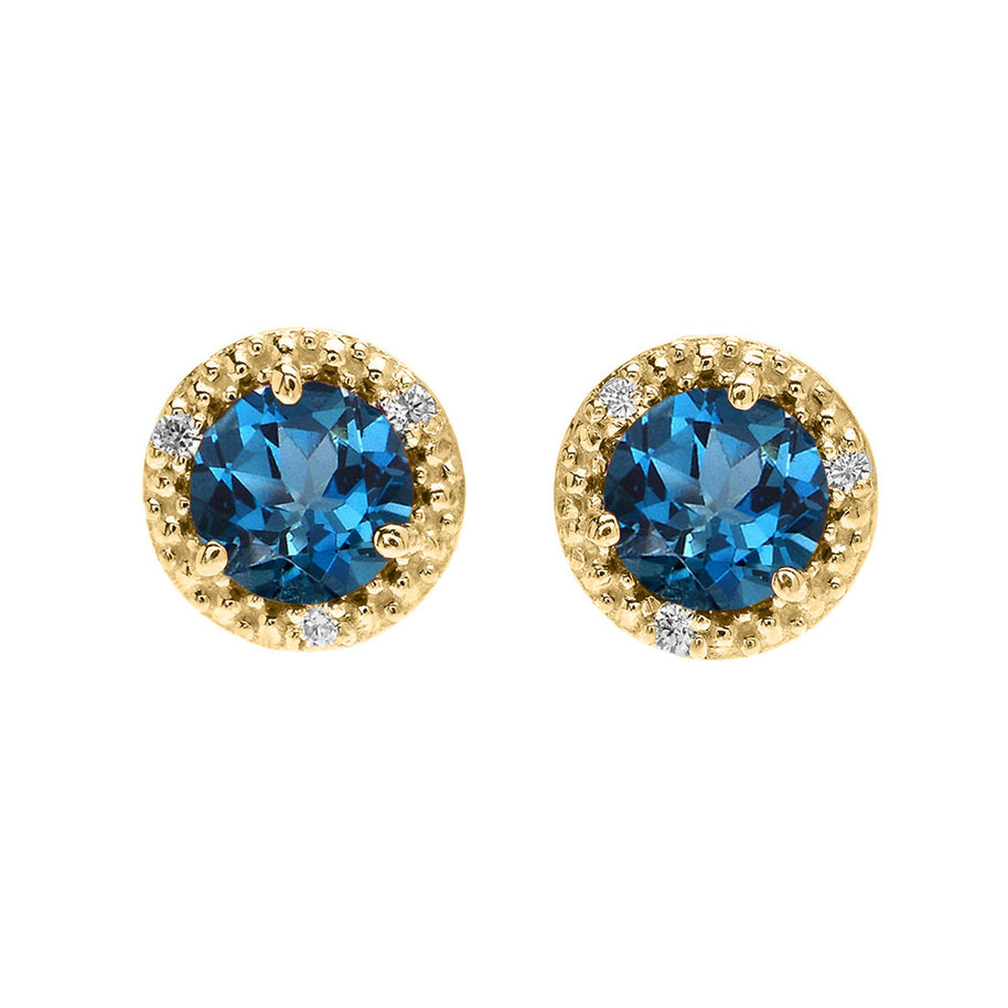 Gold Personalized Genuine Gemstone Diamond Halo Stud Earrings (Available in Yellow/Rose/White Gold)