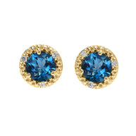 Gold Personalized Genuine Gemstone Diamond Halo Stud Earrings (Available in Yellow/Rose/White Gold)