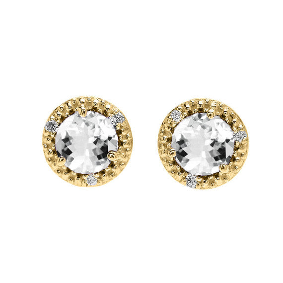 Gold Personalized Lab Created Birthstone Diamond Halo Stud Earrings (Available in Yellow/Rose/White Gold)