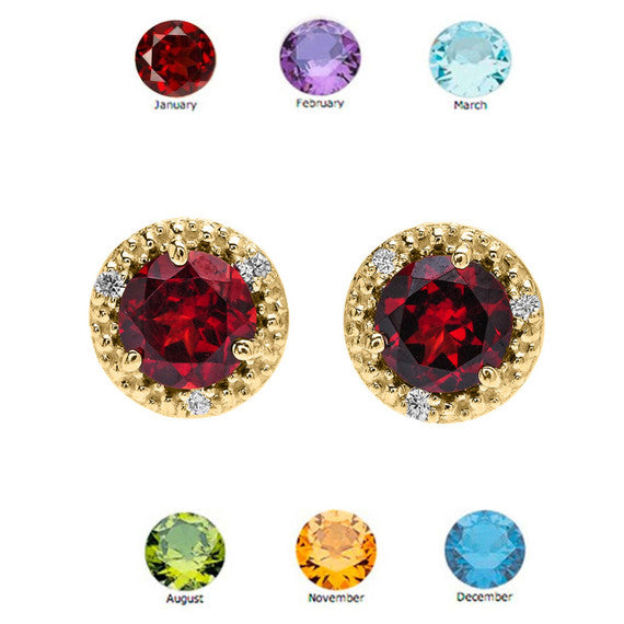 Gold Personalized Genuine Gemstone Diamond Halo Stud Earrings (Available in Yellow/Rose/White Gold)