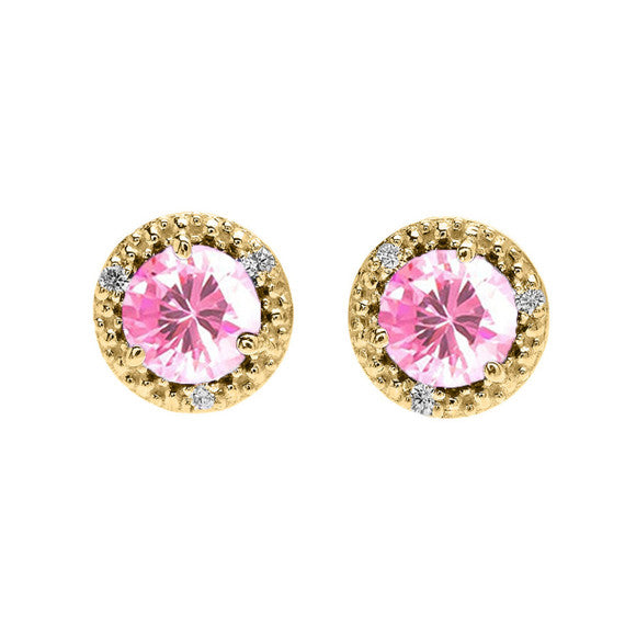 Gold Personalized Lab Created Birthstone Diamond Halo Stud Earrings (Available in Yellow/Rose/White Gold)
