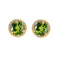 Gold Personalized Genuine Gemstone Diamond Halo Stud Earrings (Available in Yellow/Rose/White Gold)