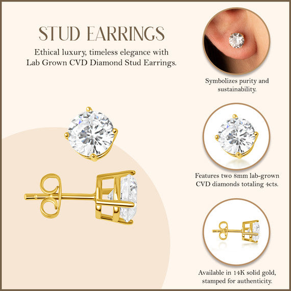 14K Yellow Gold Lab Grown Diamond Stud Earrings 4ct