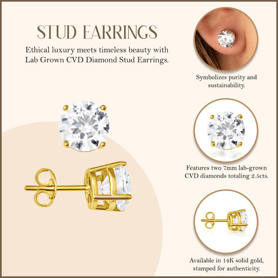 14K Yellow Gold Lab Grown Diamond Stud Earrings 2.5ct