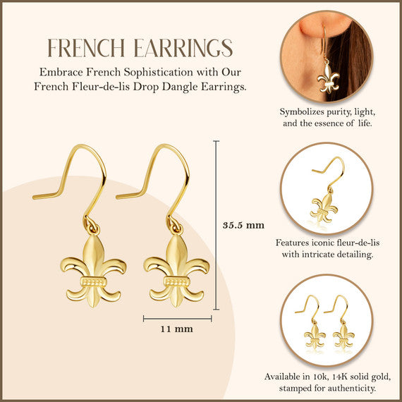 Gold French Fluer-de-lis Drop Dangle Earrings (Available in Yellow/Rose/White Gold)