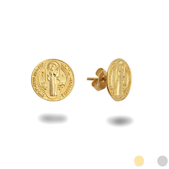 Gold Patron Saint Benedict Medal Stud Earrings (Available in Yellow/White Gold)