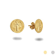 Gold Patron Saint Benedict Medal Stud Earrings (Available in Yellow/White Gold)