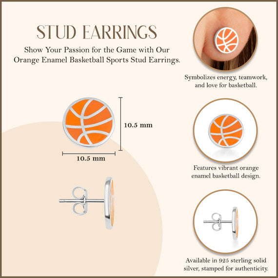 .925 Sterling Silver Orange Enamel Basketball Sports Stud Earrings
