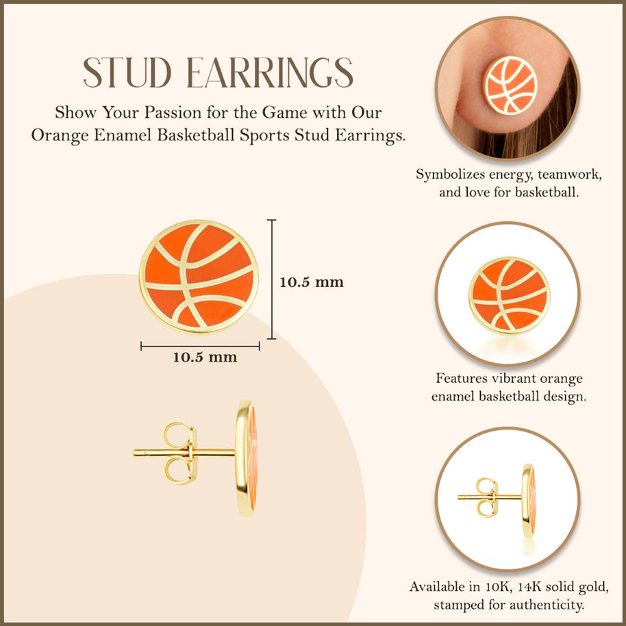 Yellow Gold Orange Enamel Basketball Sports Stud Earrings