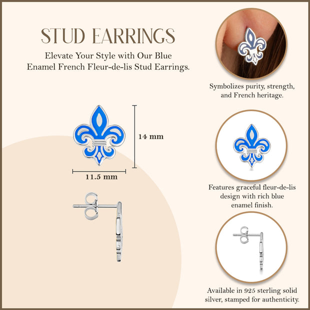 .925 Sterling Silver Blue Enamel French Fluer-de-lis Stud Earrings