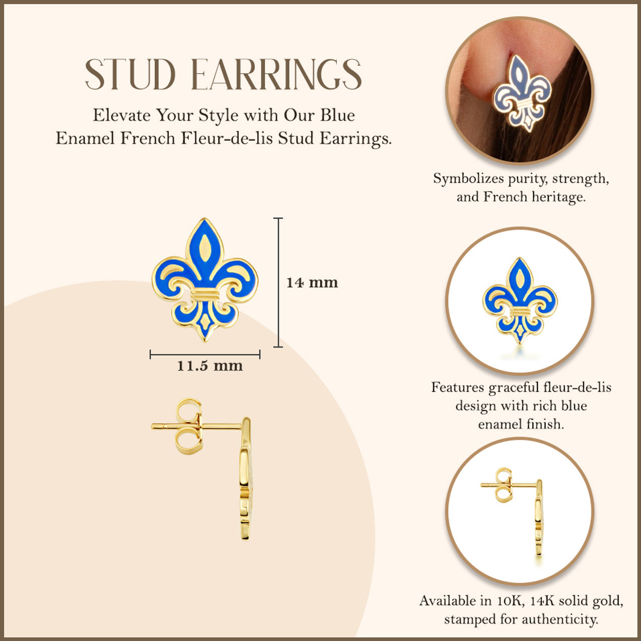 Yellow Gold Blue Enamel French Fluer-de-lis Stud Earrings