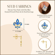 Yellow Gold Blue Enamel French Fluer-de-lis Stud Earrings