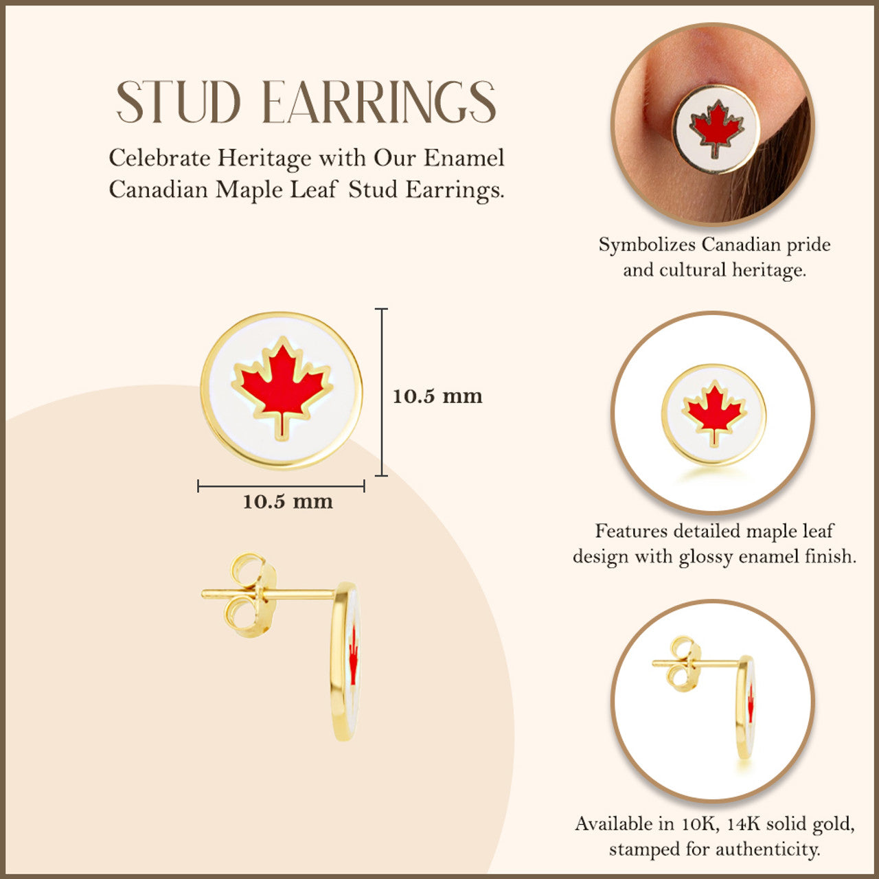 Yellow Gold Enamel Canadian Maple Leaf Stud Earrings