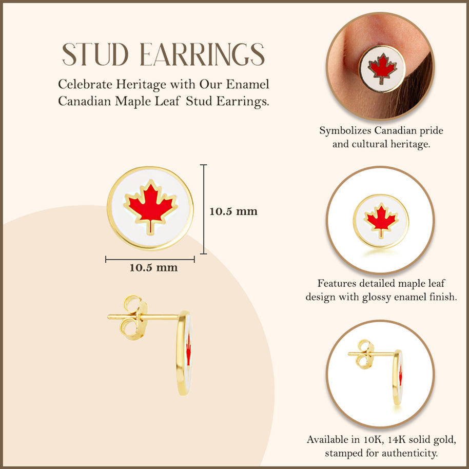 Yellow Gold Enamel Canadian Maple Leaf Stud Earrings