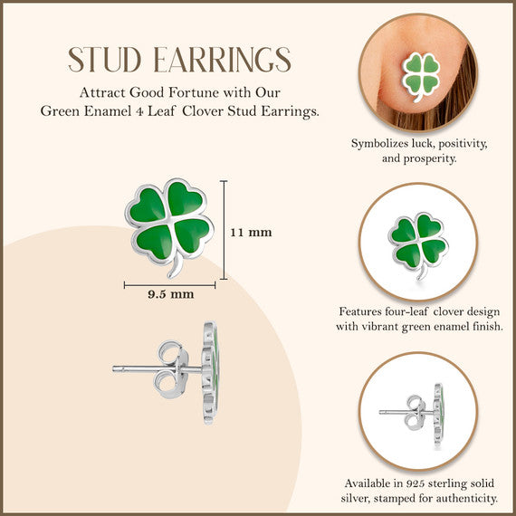.925 Sterling Silver Green Enamel 4 Leaf Clover Stud Earrings