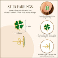 Yellow Gold Green Enamel 4 Leaf Clover Stud Earrings