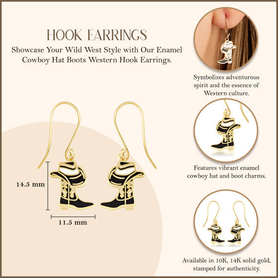 Gold Enamel Cowboy Hat Boots Western Leverback Earrings (Available in Yellow/Rose/White Gold)