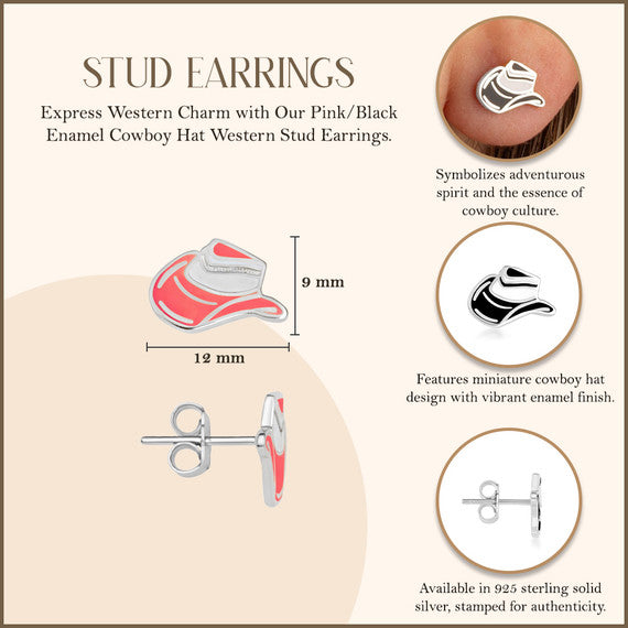 .925 Sterling Silver Western Cowboy Hat Enamel Stud Earrings (Available in Pink or Black Enamel)