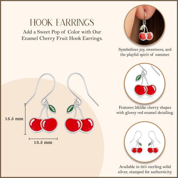 .925 Sterling Silver Red Enamel Cherry Fruit Hook Earrings
