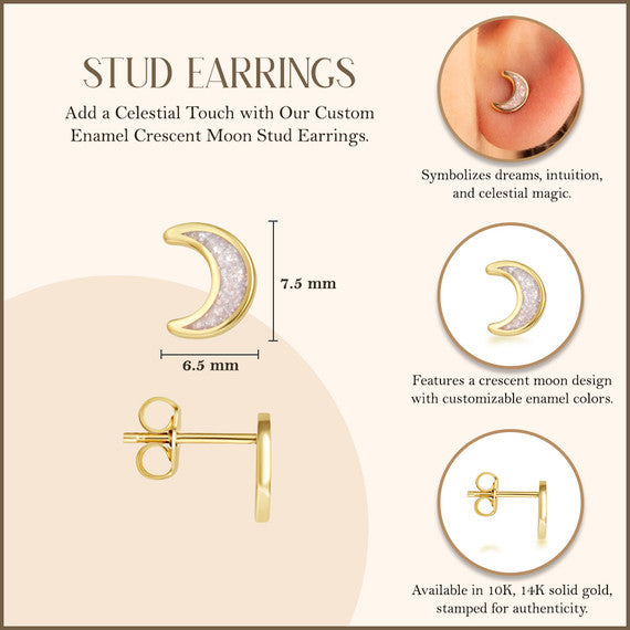 Yellow Gold Custom Enamel Moon Stud Earrings