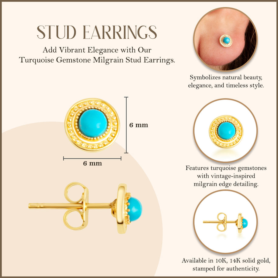 Yellow Gold Turquoise Gemstone Milgrain Stud Earrings