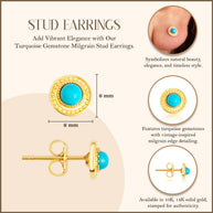 Yellow Gold Turquoise Gemstone Milgrain Stud Earrings